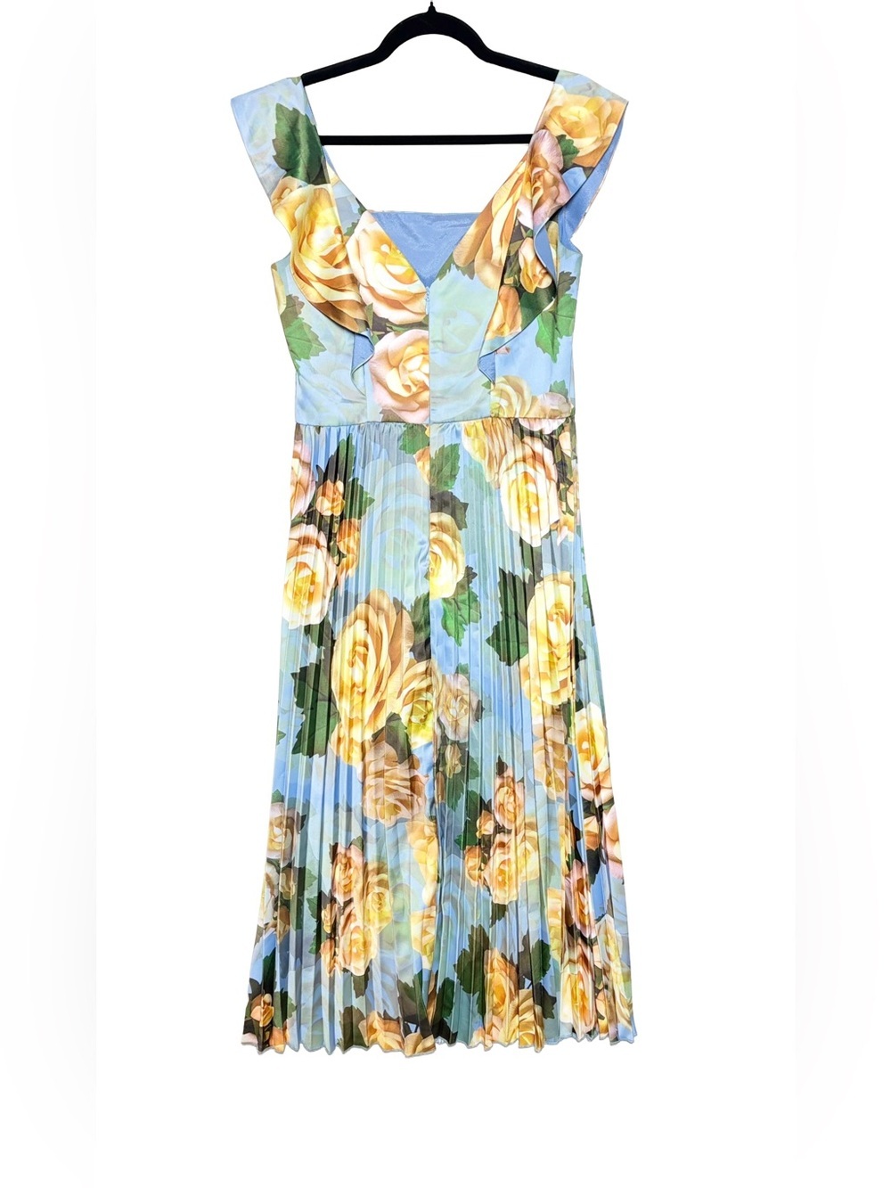 Chi Chi London Blue Floral Pleated Midi Dress with Square Neck, Size US 8; UK 12 - Picture 6 of 14